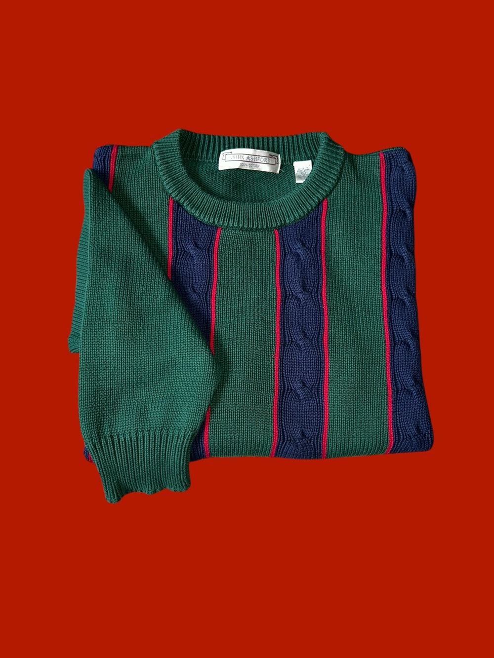 Vintage 90s John Ashford Green Cable Knit Crew Neck Sweater Size L Hong KongGOLF
